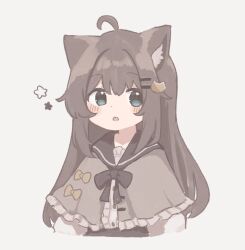 Rule 34 | 1girl, :o, ahoge, animal ears, arms at sides, black bow, black bowtie, black sailor collar, blue eyes, blush, bow, bowtie, brown hair, capelet, cat ears, cat girl, center frills, colon br, cropped torso, dot nose, frilled capelet, frills, grey capelet, hair between eyes, hair ornament, hairclip, highres, long hair, long sleeves, looking at viewer, open mouth, original, sailor collar, shirt, sidelocks, simple background, solo, white background, white shirt
