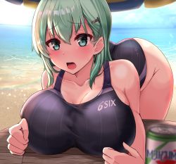 Rule 34 | 1girl, aqua hair, ass, beach, beach umbrella, blue eyes, blush, breasts, cleavage, collarbone, competition swimsuit, day, green eyes, hair between eyes, hair ornament, hairclip, highres, kantai collection, kihou no gotoku dmc, large breasts, leaning forward, long hair, looking at viewer, one-piece swimsuit, open mouth, outdoors, sidelocks, solo, suzuya (kancolle), swimsuit, umbrella