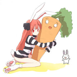 Rule 34 | animal ears, bad id, bad pixiv id, bottomless, rabbit, carrot, mokeo, rabbit ears, red eyes, red hair, ribbon, solo, striped