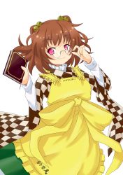 Rule 34 | 1girl, adjusting eyewear, apron, bell, book, brown hair, character name, checkered clothes, checkered kimono, clothes writing, glasses, hair bell, hair ornament, highres, himenomikan, japanese clothes, kimono, motoori kosuzu, pince-nez, pink eyes, smile, touhou, wide sleeves