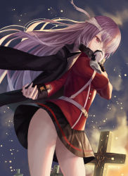 Rule 34 | 1girl, absurdres, bandage over one eye, belt, belt buckle, black skirt, breasts, buckle, commentary request, cowboy shot, cross, eyepatch, fate/grand order, fate (series), floating hair, florence nightingale (fate), florence nightingale (third ascension) (fate), from below, fur-trimmed gloves, fur trim, gloves, highres, holding, holding clothes, holding gloves, jacket, jacket on shoulders, light, long hair, long sleeves, medium breasts, military, military uniform, miniskirt, nekobell, one eye covered, outdoors, pink hair, red eyes, skirt, sky, solo, straight hair, thighs, tombstone, uniform, very long hair, white gloves, wind