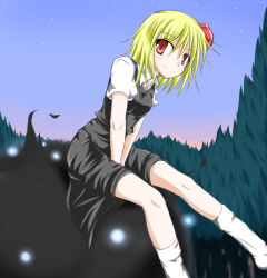 Rule 34 | 1girl, bad id, bad pixiv id, blonde hair, embodiment of scarlet devil, female focus, forest, hair ribbon, kirino souya, nature, outdoors, plant, red eyes, ribbon, rumia, sky, solo, touhou