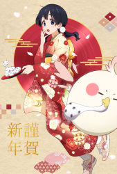 Rule 34 | 1girl, :o, animal, bird, black hair, blue eyes, blush, dera mochimazzui, eating, floral print, food, food in mouth, food-themed hair ornament, hair ornament, hand on own face, happy new year, highres, holding, holding tray, japanese clothes, kimono, kitashirakawa tamako, long hair, looking at viewer, mochi, new year, obi, open mouth, sash, shoes, sneakers, tamako market, tesseract (retr0 0o), tray, twintails