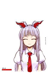 Rule 34 | 1girl, :3, blush, closed eyes, ears down, facing viewer, highres, itou yuuji, long hair, necktie, puffy short sleeves, puffy sleeves, purple hair, red necktie, reisen udongein inaba, shirt, short sleeves, simple background, smile, solo, touhou, translation request, upper body, white background, white shirt