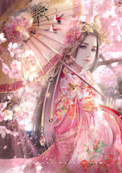 Rule 34 | 1girl, blue eyes, brown hair, cherry blossoms, creamsea, dress, eyeliner, hair ornament, holding, holding umbrella, long hair, looking to the side, makeup, original, parasol, petals, pink dress, pink lips, realistic, solo, umbrella, upper body, watermark, web address
