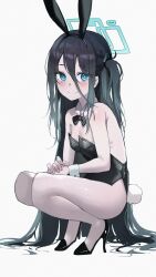 Rule 34 | 1girl, absurdly long hair, absurdres, animal ears, aris (blue archive), black bow, black bowtie, black footwear, black hair, black leotard, blue archive, blue eyes, bow, bowtie, bright pupils, detached collar, flat chest, green halo, halo, high heels, highres, leotard, long hair, mamo (user jjca7524), one side up, oversized breast cup, playboy bunny, rabbit ears, rabbit tail, ringed eyes, simple background, squatting, strapless, strapless leotard, tail, very long hair, white background, white pupils, wrist cuffs