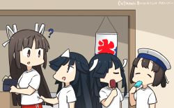 Rule 34 | 4girls, ?, alternate costume, black hair, bob cut, commentary request, daitou (kancolle), dated, dual persona, closed eyes, ghost, hair over one eye, hair ribbon, hamu koutarou, hat, hayashimo (kancolle), high ponytail, highres, hime cut, hiyou (kancolle), kantai collection, long hair, multiple girls, pants, red eyes, red pants, ribbon, sailor hat, shirt, short hair, t-shirt, track pants, triangular headpiece, very long hair, white headwear, white shirt