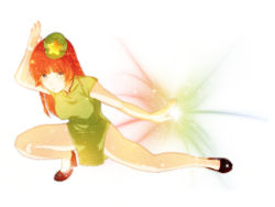 Rule 34 | 1girl, alternate costume, bad id, bad pixiv id, blue eyes, blurry, braid, china dress, chinese clothes, dress, female focus, fighting stance, gin fragrans, hat, high heels, hong meiling, legs, long hair, magic, no socks, red hair, shoes, solo, sparkle, star (symbol), embodiment of scarlet devil, touhou, twin braids