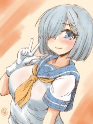 Rule 34 | 1girl, artist logo, blue eyes, blue sailor collar, breasts, gloves, grey hair, hair ornament, hairclip, hamakaze (kancolle), kantai collection, large breasts, looking at viewer, mushi mushi ex, neckerchief, orange background, sailor collar, shirt, smile, solo, upper body, white gloves, white shirt, yellow neckerchief
