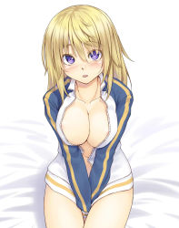 Rule 34 | 10s, 1girl, between legs, blonde hair, blush, breasts, charlotte dunois, cleavage, collarbone, covering privates, covering crotch, h kasei, hair down, hand between legs, highres, infinite stratos, jacket, long hair, looking at viewer, naked jacket, navel, no bra, purple eyes, sitting, solo, track jacket, v arms, zipper