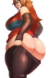 Rule 34 | 1girl, android 21, ass, bare shoulders, blue eyes, breasts, bridal gauntlets, clothes pull, curvy, dragon ball, dragon ball fighterz, dress, earrings, from behind, from below, glasses, highres, hip focus, hoop earrings, huge ass, huge breasts, jewelry, jujunaught, long hair, looking at viewer, looking back, looking down, open mouth, orange hair, pantyhose, pantyhose pull, plump, shiny clothes, shiny skin, short dress, sideboob, solo, thick thighs, thighs, wide hips