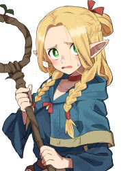 Rule 34 | 1girl, absurdres, blonde hair, blue capelet, blush, braid, capelet, choker, collarbone, commentary, dungeon meshi, elf, female focus, french braid, gazacy (dai), green eyes, highres, holding, holding staff, long hair, long sleeves, looking at viewer, marcille donato, open mouth, pointy ears, red choker, side braids, simple background, solo, staff, sweat, twin braids, upper body, white background