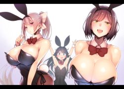Rule 34 | 3girls, animal ears, armpits, arms up, bare shoulders, black leotard, breast envy, breasts, cleavage, collarbone, detached collar, fake animal ears, gradient background, highres, higuchi kaede, kagami uekusa, large breasts, leotard, letterboxed, long hair, looking at viewer, mole, mole on breast, mole under eye, multiple girls, nijisanji, open mouth, pantyhose, playboy bunny, rabbit ears, rabbit tail, shizuka rin, short hair, smile, strapless, strapless leotard, tail, thighs, tsukino mito, upper body, virtual youtuber, wrist cuffs