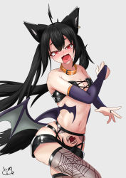 Rule 34 | !?, 1girl, absurdres, ahoge, animal ears, black hair, black shorts, blurry, blush, breasts, bridal gauntlets, cleavage, collar, demon wings, earrings, elbow gloves, expressive hair, fox ears, fox girl, fox tail, garter straps, gloves, grey background, hair between eyes, heart, heart tattoo, highres, himajin (bad omat), hololive, jewelry, kurokami fubuki, long hair, looking at viewer, navel, open mouth, pubic tattoo, red eyes, short shorts, shorts, sidelocks, simple background, small breasts, solo, tail, tattoo, thighhighs, twintails, virtual youtuber, wings