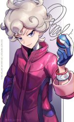 Rule 34 | 1boy, ahoge, bede (pokemon), blonde hair, closed mouth, coat, commentary request, creatures (company), curly hair, dynamax band, eyelashes, game freak, gloves, great ball, hand up, highres, holding, holding poke ball, janis (hainegom), male focus, nintendo, poke ball, pokemon, pokemon (creature), pokemon swsh, popped collar, purple coat, purple eyes, short hair, sleeves rolled up, smile, solo, twitter username, watermark