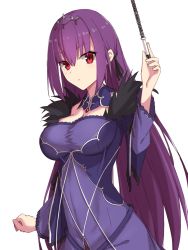 Rule 34 | 1girl, blush, breasts, cleavage, closed mouth, detached collar, dress, elfenlied22, fate/grand order, fate (series), feather trim, hair between eyes, highres, holding, holding wand, jewelry, large breasts, long hair, long sleeves, looking at viewer, pendant, purple dress, purple hair, red eyes, scathach (fate), scathach skadi (fate), simple background, solo, tiara, wand, white background, wide sleeves