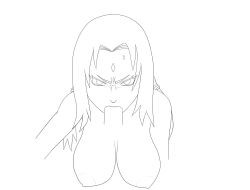 Rule 34 | 1boy, 1girl, angry, antop, breasts, fellatio, forced, hetero, highres, large breasts, looking at viewer, monochrome, naruto, naruto (series), nude, oral, pov, topless, tsunade (naruto)