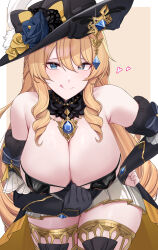 Rule 34 | 1girl, :q, absurdres, bare shoulders, black headwear, blonde hair, blue eyes, breasts, cleavage, commentary, cowboy shot, detached sleeves, dress, genshin impact, highres, kanta (kanta 077), large breasts, leaning forward, long hair, long sleeves, looking at viewer, navia (genshin impact), smile, solo, standing, strapless, strapless dress, thighhighs, thighlet, thighs, tongue, tongue out, very long hair, zettai ryouiki