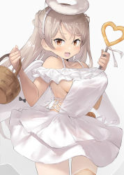 Rule 34 | 1girl, bad anatomy, basket, blush, breasts, brown eyes, collarbone, conte di cavour (kancolle), cowboy shot, dress, fake halo, grey hair, halo, holding, holding basket, kantai collection, large breasts, long hair, open mouth, simple background, smile, solo, toka (marchlizard), two side up, white background, white dress