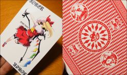 Rule 34 | 1girl, blonde hair, blouse, card, card (medium), embodiment of scarlet devil, female focus, flandre scarlet, hat, holding, holding card, hong meiling, izayoi sakuya, laevatein, mob cap, oso (toolate), patchouli knowledge, photo (medium), poker, red eyes, remilia scarlet, shaded face, shirt, solo, touhou, white hat, white shirt, wings