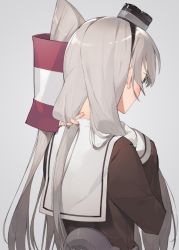 Rule 34 | 10s, 1girl, amatsukaze (kancolle), dress, eyelashes, facing away, grey background, hairband, hand in own hair, hayashi kewi, holding, holding hair, kantai collection, nape, sailor dress, silver hair, simple background, solo, two side up