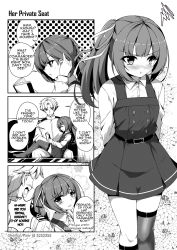 Rule 34 | 10s, 1boy, 1girl, adjusting hair, admiral (kancolle), artist name, blush, comic, commentary, couch, english text, greyscale, hair between eyes, highres, kantai collection, kasumi (kancolle), military, military uniform, monochrome, notebook, pout, reading, remodel (kantai collection), sheita, side ponytail, single thighhigh, sitting, sitting on lap, sitting on person, tears, thighhighs, uniform