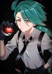Rule 34 | 1girl, absurdres, beni ym8, black gloves, black necktie, black pants, bright pupils, brown eyes, closed mouth, collared shirt, commentary request, creatures (company), earrings, frown, game freak, gloves, green hair, grey shirt, hand on own hip, hand up, highres, holding, holding poke ball, jewelry, long hair, necktie, nintendo, pants, poke ball, poke ball (basic), pokemon, pokemon sv, ponytail, reverse trap, rika (pokemon), shirt, solo, white pupils