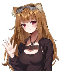 Rule 34 | 1girl, animal ear fluff, animal ears, blunt bangs, blush, breasts, brown goggles, brown hair, brown shrug, brown tank top, closed mouth, commentary, commission, devl ga aru, english commentary, goggles, goggles on head, hand up, highres, impossible tank top, long hair, long sleeves, looking at viewer, medium breasts, outline, raccoon ears, raccoon girl, raphtalia, red eyes, simple background, smile, solo, tank top, tate no yuusha no nariagari, upper body, waving, white background, white outline
