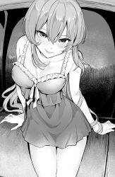 Rule 34 | 1girl, :d, arm support, blush, breasts, cleavage, collarbone, couch, dress, greyscale, idolmaster, idolmaster cinderella girls, jougasaki mika, long hair, looking at viewer, monochrome, on couch, open mouth, shoukichi (shony), sitting, sleeveless, sleeveless dress, smile, solo, very long hair