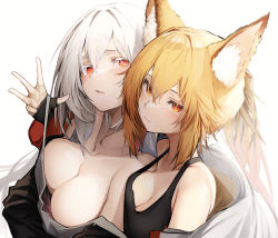 Rule 34 | 2girls, absurdres, animal ear fluff, animal ears, bare shoulders, blonde hair, breast press, breasts, cleavage, closed mouth, commentary request, commission, copyright request, ellin meiji, hair between eyes, highres, large breasts, medium breasts, multiple girls, parted lips, red eyes, simple background, skeb commission, tab head, upper body, white background, white hair, yuri