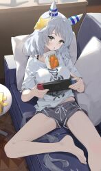 Rule 34 | 1girl, alternate costume, animal ears, bare legs, barefoot, breasts, brown eyes, commentary, couch, desk, ear covers, ear ornament, feet, foot out of frame, grey hair, grey shorts, highres, hishi miracle (umamusume), horse ears, horse girl, horse tail, indoors, juice box, legs, looking at viewer, medium breasts, medium hair, ningen gokko, nintendo switch, on couch, open mouth, pillow, shirt, short shorts, short sleeves, shorts, smile, solo, tail, toenails, toes, umamusume, white shirt