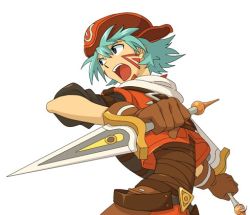 Rule 34 | .hack//, .hack//link, 1boy, aqua hair, bandai, belt, blade, cyber connect 2, dagger, dual wielding, gloves, hat, holding, kite (.hack//), knife, lowres, male focus, official art, solo, tattoo, weapon