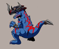 Rule 34 | claws, digimon, greymon (blue), greymon (blue) x-antibody, highres, horns, sharp teeth, tail, teeth, tyrannosaurus rex, yellow eyes