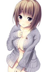 Rule 34 | 1girl, 3:, bad id, bad pixiv id, black eyes, blush, bottomless, breasts, brown hair, cardigan, cleavage, collarbone, covering privates, covering crotch, large breasts, looking at viewer, naked sweater, navel, original, oryo (oryo04), ribbed sweater, short hair, simple background, solo, sweater, white background