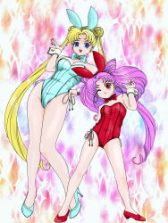 Rule 34 | 1990s (style), 2girls, absurdres, animal ears, bishoujo senshi sailor moon, blonde hair, breasts, chibi usa, child, cleavage, fake animal ears, female focus, highres, large breasts, long hair, multiple girls, one eye closed, playboy bunny, purple hair, rabbit ears, retro artstyle, shoes, smile, tsukino usagi, twintails, v, very long hair, wink