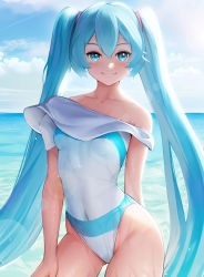 Rule 34 | 1girl, :3, absurdres, ai-assisted, alternate costume, blue eyes, blue hair, blush, breasts, cloud, cloudy sky, covered navel, cowboy shot, day, gluteal fold, groin, hair between eyes, hatsune miku, highleg, highres, long hair, looking at viewer, merrytail, ocean, off-shoulder one-piece swimsuit, off shoulder, one-piece swimsuit, outdoors, single bare shoulder, sky, small breasts, solo, stomach, swimsuit, thighs, twintails, very long hair, vocaloid
