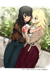 Rule 34 | 2girls, andou (girls und panzer), belt, belt buckle, black belt, black eyes, black hair, blonde hair, blue eyes, buckle, bush, closed mouth, commentary request, couple, drink, eye contact, face-to-face, girls und panzer, grey pants, hair between eyes, holding, holding drink, hug, long hair, long sleeves, looking at another, multiple girls, oshida (girls und panzer), pants, plant, red pants, shirt, sitting, tan (inka), translation request, turtleneck, yuri
