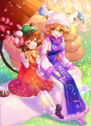 Rule 34 | 2girls, animal ear fluff, animal ears, animal hat, blonde hair, blush, breasts, brown hair, cat ears, cat tail, chen, closed eyes, commentary request, dango, day, dress, earrings, eyelashes, falling petals, fang, food, fox tail, frilled dress, frills, green headwear, happy, hat, jewelry, l2 5343, large breasts, long sleeves, looking at another, mob cap, multiple girls, multiple tails, ofuda, oil-paper umbrella, open mouth, petals, plate, red dress, short hair, single earring, sitting, socks, tabard, tail, tassel, touhou, two tails, umbrella, wagashi, white headwear, white legwear, wide sleeves, yakumo ran, yellow eyes