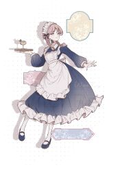 Rule 34 | 1girl, alternate costume, apron, arknights, blue dress, blue eyes, blue poison (arknights), braid, cup, dress, drink, drop shadow, enmaided, full body, highres, holding, holding tray, long sleeves, looking at viewer, maid, maid apron, maid headdress, medium hair, pantyhose, pink hair, scales, simple background, solo, tray, twin braids, white apron, white background, white pantyhose, ya (witchroy)