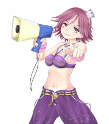 Rule 34 | 1girl, baggy pants, bare shoulders, belt, bikini, bikini top only, blush, breasts, closed mouth, commentary request, crown, earrings, feet out of frame, fusou ayame, hand up, head tilt, jewelry, looking at viewer, loose belt, medium breasts, medium hair, mini crown, navel, necklace, outstretched arm, pants, pink eyes, pink hair, pointing, pointing at viewer, purple bikini, purple pants, shin (highest1192), silver earrings, simple background, smile, solo, speaker, stomach, swimsuit, toaru majutsu no index, toaru majutsu no index: new testament, v-shaped eyebrows, white background, wristband