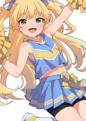 Rule 34 | 1girl, arm up, bike shorts, black shorts, blonde hair, blue bow, blue shirt, blue skirt, blush, bow, cheerleader, collarbone, commentary request, dot nose, eyelashes, fangs, flat chest, green eyes, hair bow, half updo, hand up, highres, holding, holding pom poms, idolmaster, idolmaster cinderella girls, jougasaki rika, jumping, long hair, looking at viewer, navel, open mouth, pleated skirt, pom pom (cheerleading), pom poms, sekienji, shirt, shorts, shorts under skirt, skirt, sleeveless, sleeveless shirt, smile, solo, sweat, teeth, thighs, twintails, upper teeth only, white background