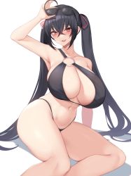 Rule 34 | 1girl, absurdres, ahoge, azur lane, bikini, black hair, blush, breasts, cleavage, curvy, highres, huge breasts, incredibly absurdres, kuavera, long hair, looking at viewer, navel, open mouth, red eyes, sitting, solo, swimsuit, tagme, taihou (azur lane), thick thighs, thighs, twintails, very long hair, wide hips