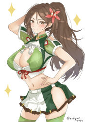 Rule 34 | 1girl, amagi (kancolle), breasts, brown eyes, brown hair, chamumi (mochiumee), cleavage, crop top, green shirt, green thighhighs, hair ornament, hand on own hip, high ponytail, highres, hip vent, kantai collection, large breasts, leaf, leaf hair ornament, long hair, looking at viewer, maple leaf, midriff, one-hour drawing challenge, shirt, sidelocks, simple background, smile, solo, sparkle, standing, thighhighs, twitter username, two-tone skirt, white background, wide ponytail