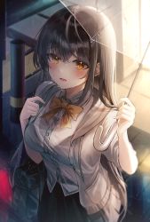 Rule 34 | 1girl, absurdres, bag, black hair, blush, bow, bowtie, breasts, chaerom, collared shirt, highres, holding, holding umbrella, long hair, long sleeves, looking at viewer, open mouth, original, pleated skirt, rain, school uniform, shirt, skirt, solo, sweater, umbrella, wet, yellow eyes