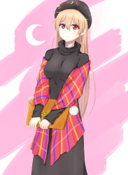 Rule 34 | 1girl, alternate costume, bad id, bad pixiv id, bag, black dress, blonde hair, blush, breasts, casual, commentary request, crescent, dress, earrings, hair between eyes, handbag, highres, holding, holding bag, holding handbag, jewelry, junko (touhou), large breasts, light blush, light smile, long dress, long hair, looking at viewer, musteflott419, red eyes, shawl, solo, touhou, turtleneck, turtleneck dress