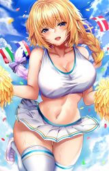 Rule 34 | 1girl, absurdres, blonde hair, blue eyes, blush, breasts, cheerleader, crop top, fate/apocrypha, fate (series), highres, holding, holding pom poms, huge filesize, jeanne d&#039;arc (fate), jeanne d&#039;arc (ruler) (fate), kuro (tbm9187), large breasts, long hair, looking at viewer, midriff, navel, open mouth, pom pom (cheerleading), pom poms, skirt, smile, solo, sweat, very long hair