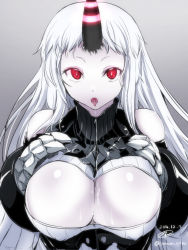 Rule 34 | 10s, 1girl, 2014, abyssal ship, breasts, cleavage, cleavage cutout, clothing cutout, dated, gin&#039;ichi (akacia), highres, horns, kantai collection, large breasts, long hair, looking at viewer, meme attire, open-chest sweater, pale skin, red eyes, saliva, seaport princess, single horn, solo, sweater, tongue, tongue out, twitter username, white hair