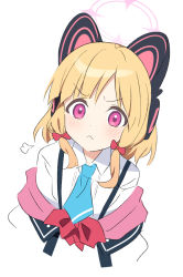Rule 34 | 1girl, :&lt;, animal ear headphones, blonde hair, blue archive, blue necktie, blush, bow, cat ear headphones, fake animal ears, furrowed brow, hair bow, halo, headphones, jacket, looking at viewer, medium hair, momoi (blue archive), necktie, off shoulder, pink eyes, red bow, shirt, simple background, sketch, solo, supershiruco, upper body, white background, white shirt