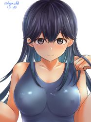 Rule 34 | 1girl, absurdres, adjusting clothes, adjusting swimsuit, bad id, bad pixiv id, black hair, blue one-piece swimsuit, breasts, collarbone, covered erect nipples, dangan kurabu, dated, hair between eyes, highres, kantai collection, large breasts, long hair, looking at viewer, one-piece swimsuit, school swimsuit, simple background, solo, sweat, swimsuit, twitter username, upper body, ushio (kancolle), white background