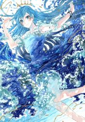 Rule 34 | 1girl, arms up, blue eyes, blue hair, blue theme, blush, bracelet, crown, dress, fish, gown, gradient hair, jewelry, leg up, long hair, looking down, multicolored hair, original, painting (medium), potato (popopopopo623), smile, solo, swept bangs, traditional media, water, watercolor (medium), waves